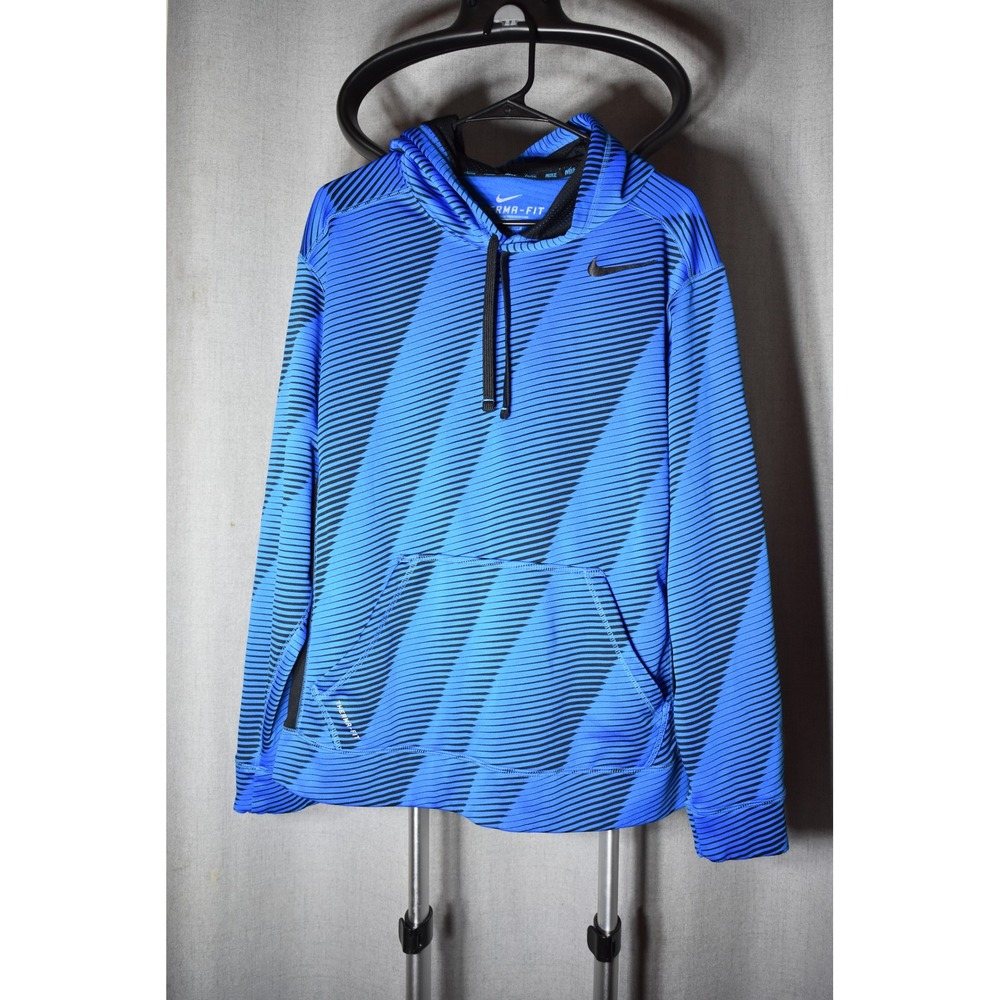 Nike Therma-FIT Mens Blue Black Striped Pullover Training Hoodie Large